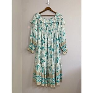 Sea Lustre Dress NWOT Women M/L Blue Green Floral Bird Print Ruffle Smocked Midi